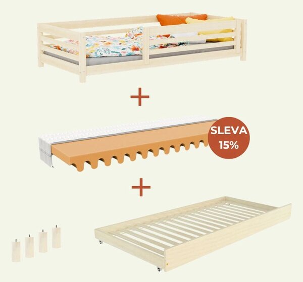Vysoká dětská dřevěná postel TULY se zábranou a přistýlkou 90x200 + matrace WAVE - Nelakovaná, S otevřeným vstupem