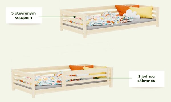 Vysoká dětská dřevěná postel TULY se zábranou 90x200 + matrace WAVE - Nelakovaná, S otevřeným vstupem
