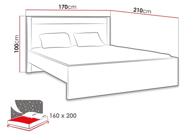 Manželská postel s roštem a LED osvětlením 160x200 CHALAPATA - jasan tmavý