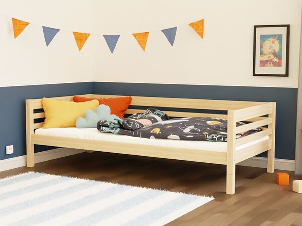 Vysoká dětská dřevěná postel TULY se zábranou 90x200 + matrace WAVE - Nelakovaná, S otevřeným vstupem