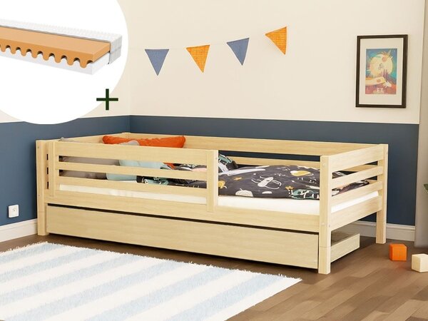 Vysoká dětská dřevěná postel TULY se zábranou a úložným šuplíkem 90x200 + matrace WAVE - Nelakovaná, S otevřeným vstupem
