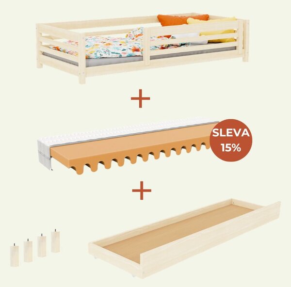 Vysoká dětská dřevěná postel TULY se zábranou a úložným šuplíkem 90x200 + matrace WAVE - Nelakovaná, S otevřeným vstupem