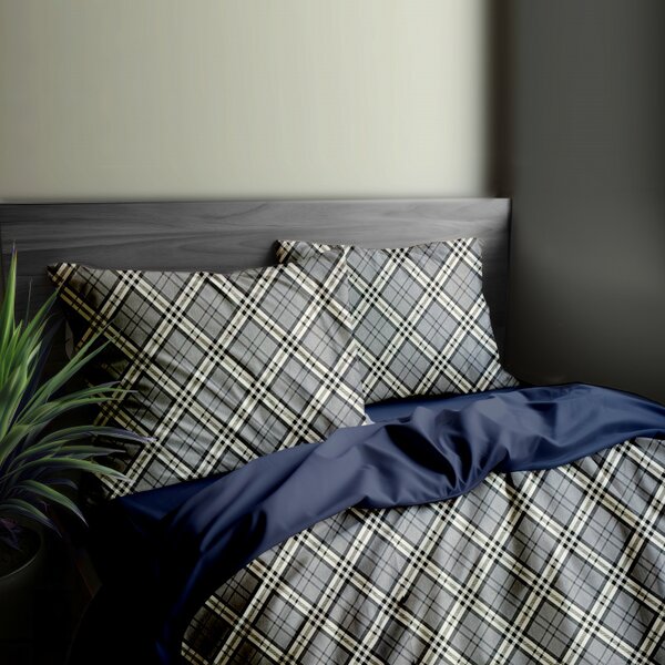 Ervi Bavlněné povlečení oboustranné - Grey Tartan/modré