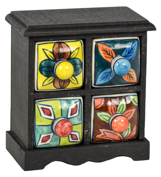 Dřevěná skříňka se 4 keramickými šuplíky, ručně malované, 17,5x12x18,5cm (1M)