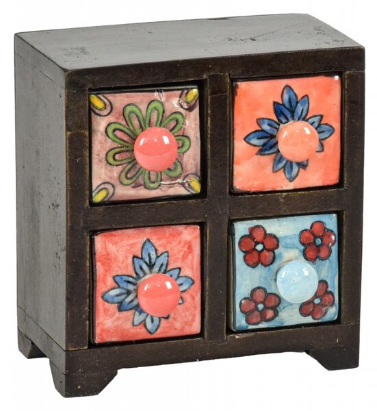 Dřevěná skříňka se 4 keramickými šuplíky, ručně malované, 15x11x17cm (0H)