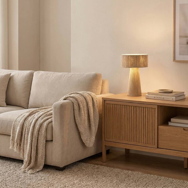 Lindby Stolní lampa Anuva, výška 42 cm, papír, béžová, E27, Krémová / jantar, Obývací pokoj / jídelna, Papír / lunolit / lunopal, Venkovský / rustikální