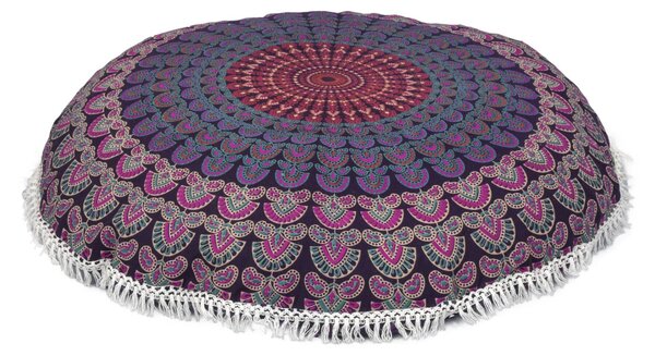 Meditační polštář, kulatý, 80x13cm, fialový, paví mandala, bílé třásně (6Y)