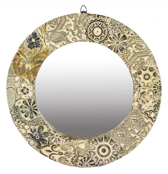 Zrcadlo v kulatém rámu z teakového dřeva zdobené starými raznicemi, 60x4x60cm (7N)