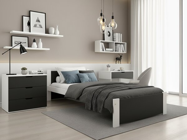 Postel IKAROS 90 x 200 cm, antracit/bílá s lamelovým roštem a matrací Deluxe 10 cm