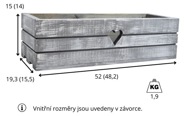 Dřevěný truhlík z masivu srdce – šedý s bílou patinou 50 cm
