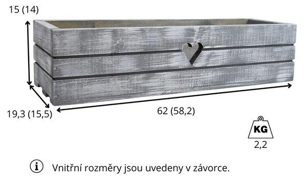 Dřevěný truhlík z masivu srdce – šedý s bílou patinou 60 cm