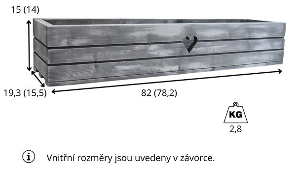 Dřevěný truhlík z masivu srdce – šedý s bílou patinou 80 cm