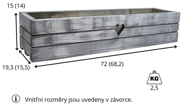 Dřevěný truhlík z masivu srdce – šedý s bílou patinou 70 cm