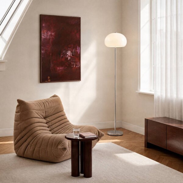 NOLA Stojací lampa Owen, výška 150 cm, sklo, chrom/bílá, Bílá / opál, Obývací pokoj / jídelna, Sklo, Moderní