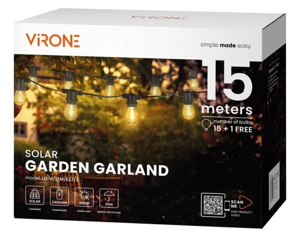 Solární girlanda VIRONE LG-4/15M/E27/15m, IP44, 15x LED E27, 0,1W, 3000K