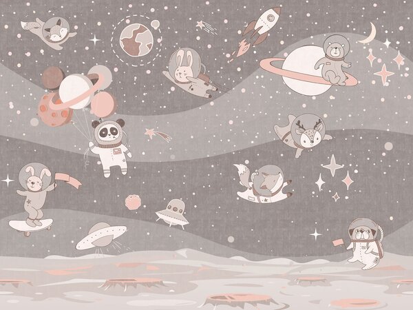 Fototapeta Kreslená vesmírná scéna s planetami a zvířaty, Vesmírné fototapety, Populární fototapety - Tapeko.co.cz