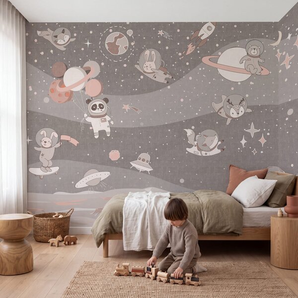 Fototapeta Kreslená vesmírná scéna s planetami a zvířaty, Vesmírné fototapety, Populární fototapety - Tapeko.co.cz