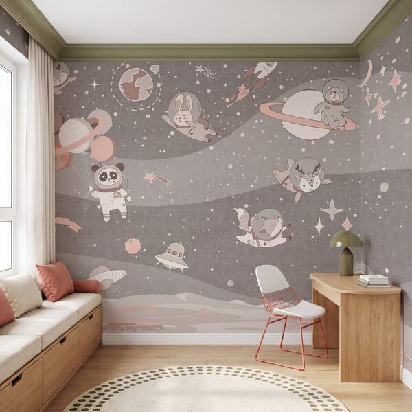 Fototapeta Kreslená vesmírná scéna s planetami a zvířaty, Vesmírné fototapety, Populární fototapety - Tapeko.co.cz