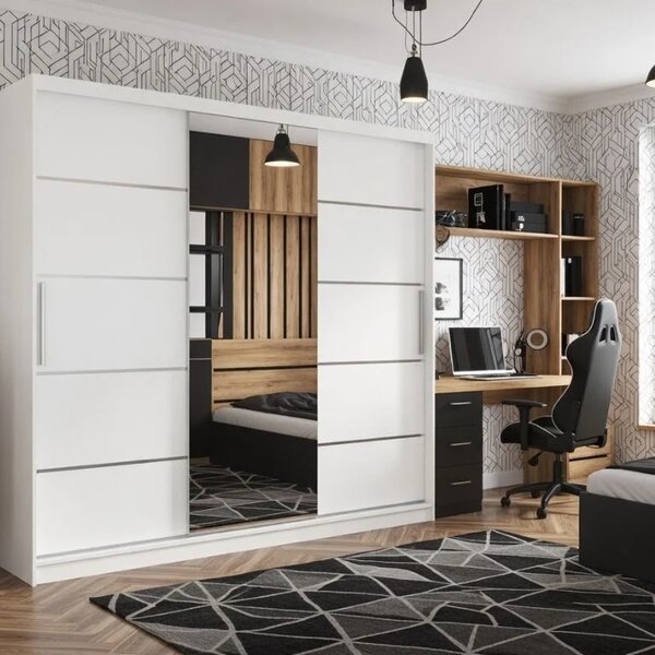 Šatní skříň 232 cm Belini bílý mat s posuvnými dveřmi zrcadlem a zásuvkami