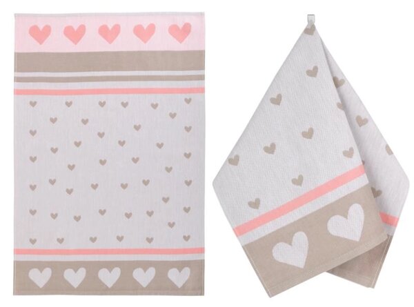 Bellatex Kuchyňská utěrka 1 ks 50x70 cm Srdce Růžová,Béžová