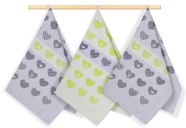 Bellatex Kuchyňské utěrky sada 3 kusů 50x70 cm Srdce Šedá,Zelená