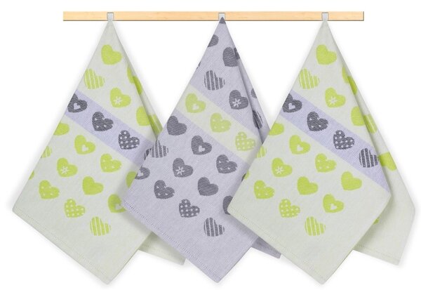 Bellatex Kuchyňské utěrky sada 3 kusů 50x70 cm Srdce Zelená,Šedá