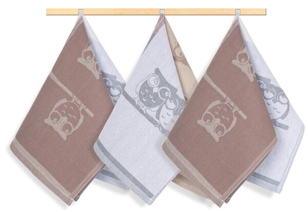 Bellatex Kuchyňské utěrky sada 3 kusů 50x70 cm Sova Béžová,Šedá
