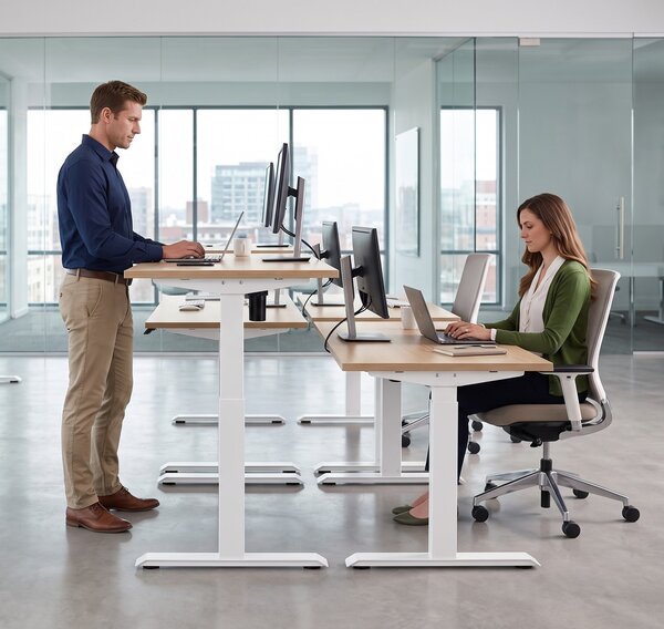 Výškově nastavitelný stůl OfficeTech A, 120 x 80 cm, bílá podnož, buk
