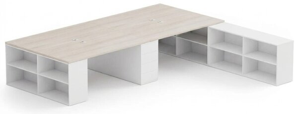 Kancelářská sestava stolů BLOCK B05, 4 místa s úložným prostorem, 360x320 cm, bílá/dub přírodní