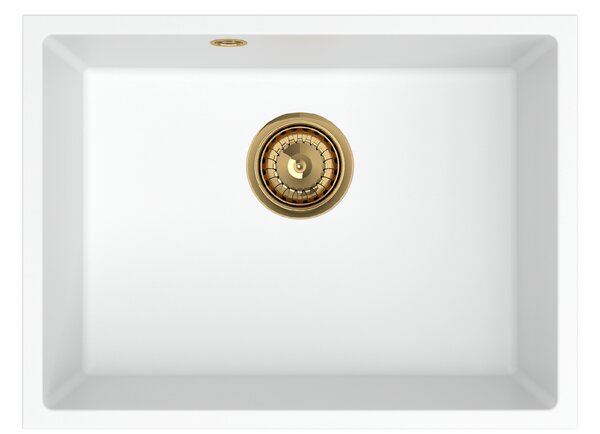 Sink Quality Crypton 60, kuchyňský granitový dřez 535x400x205 mm + zlatý sifon, bílá, SKQ-CRY.W.1KBO.60.XG