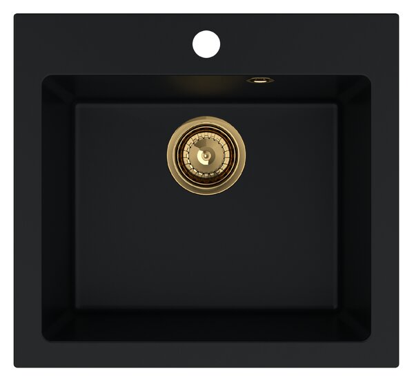 Sink Quality Ferrum 50, kuchyňský granitový dřez 490x450x195 mm + zlatý sifon, černá, SKQ-FER.C.1K50.XG