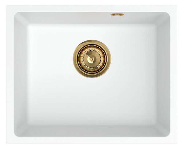 Sink Quality Crypton 55, kuchyňský granitový dřez 460x375x205 mm + zlatý sifon, bílá, SKQ-CRY.W.1KBO.55.XG