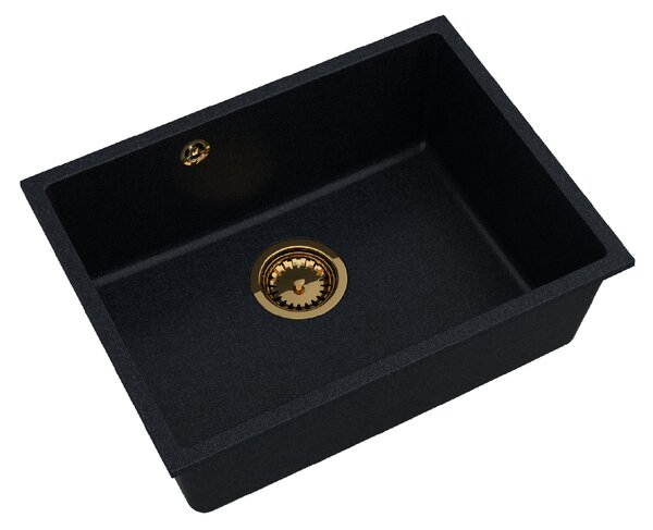 Sink Quality Crypton 60, kuchyňský granitový dřez 535x400x205 mm + zlatý sifon, černá skvrnitá, SKQ-CRY.B.1KBO.60.XG