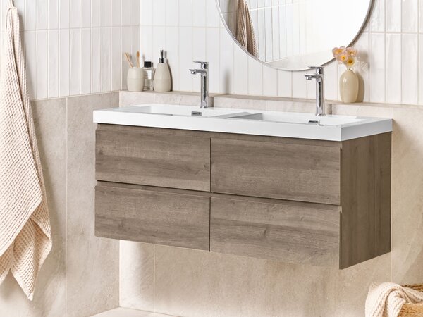 Závěsná koupelnová skříňka s dvojitým umyvadlem VIEDMA Taupe