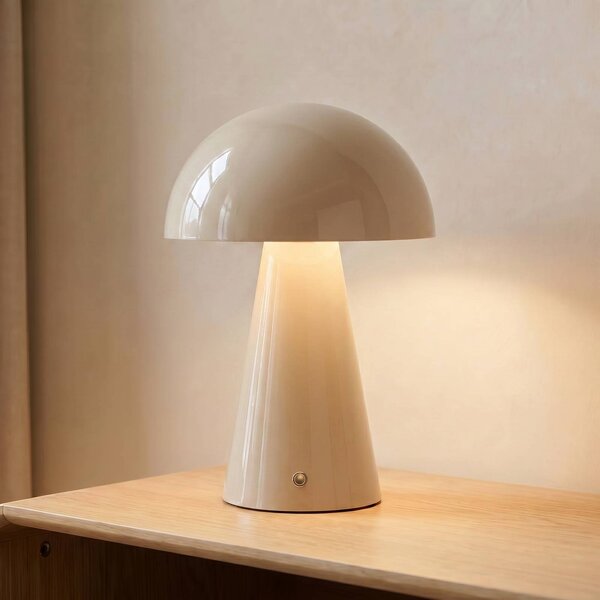 Lindby LED dobíjecí stolní lampa Nevijo, béžová, Ø20cm, USB, stmívač, stmívatelný, Krémová / jantar, Obývací pokoj / jídelna, kov, Moderní