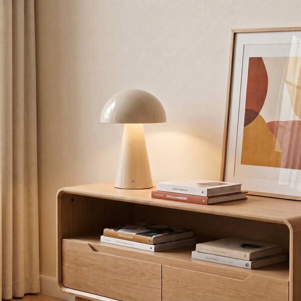 Lindby LED dobíjecí stolní lampa Nevijo, béžová, Ø20cm, USB, stmívač, stmívatelný, Krémová / jantar, Obývací pokoj / jídelna, kov, Moderní