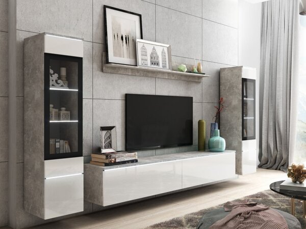 Nábytek do obývacího pokoje Sawoti II, Barva: Beton + Bílý lesk, Osvětlení: osvětlení LED - bílé 5903211074554