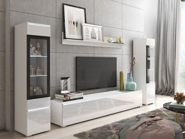 Nábytek do obývacího pokoje Sawoti II, Barva: bílá / bílý lesk, Osvětlení: osvětlení LED - bílé 5903211074578