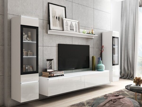 Nábytek do obývacího pokoje Sawoti II, Barva: bílá / bílý lesk, Osvětlení: osvětlení LED - bílé 5903211074578
