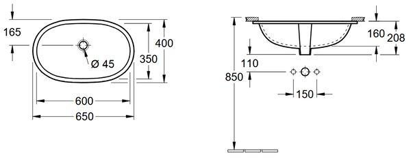 Villeroy & Boch O.novo - Umyvadlo pro vestavbu zespodu 600x350x208 mm, s přepadem, alpská bílá 41626001
