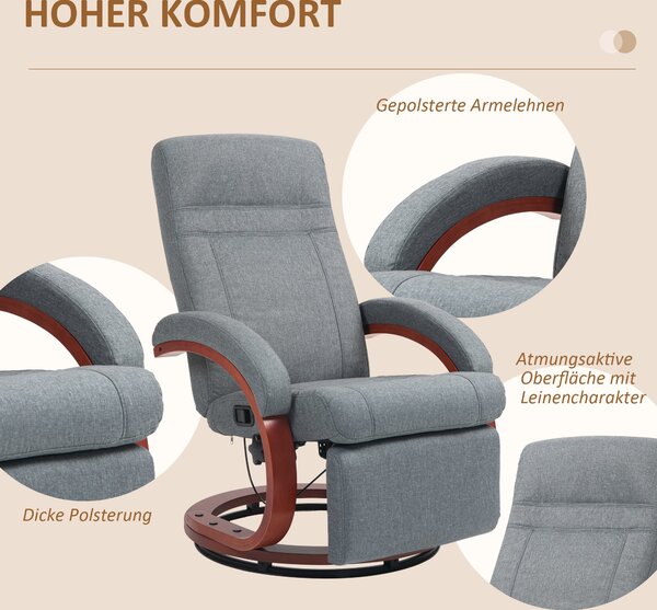 HOMCOM Nastavitelná Relaxační Křeslo TV Křeslo s Podnožkou, Dřevěné Područky, Otočné Relaxační Křeslo s Nastavitelným Opěradlem, Relaxační Křeslo, Lát