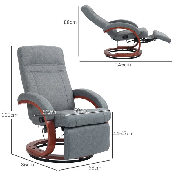 HOMCOM Nastavitelná Relaxační Křeslo TV Křeslo s Podnožkou, Dřevěné Područky, Otočné Relaxační Křeslo s Nastavitelným Opěradlem, Relaxační Křeslo, Lát