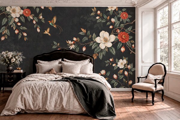 Fototapety Ptáci na černém pozadí, Fototapety s květinami, w05927 : uwalls.cz