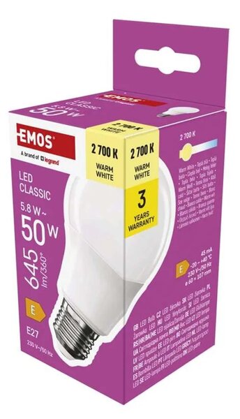 LED ŽÁROVKA CLASSIC A60/E27/5,8W(50W)/645LM/TEPLÁ