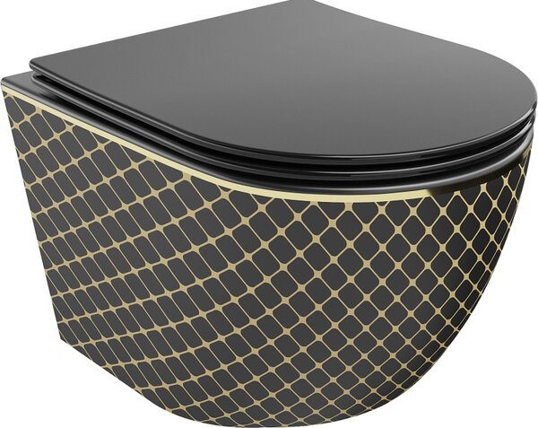 Mexen Lena, závěsná toaletní mísa 480x360x355 mm s pomalu padajícím sedátkem, černá matná - zlatý vzor, 30224079
