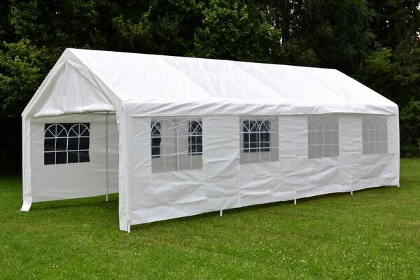 Velký zahradní stan 32m² – ocelové trubky, PE plachta, 4x8m