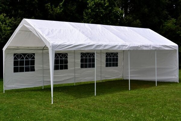 Velký zahradní stan 32m² – ocelové trubky, PE plachta, 4x8m