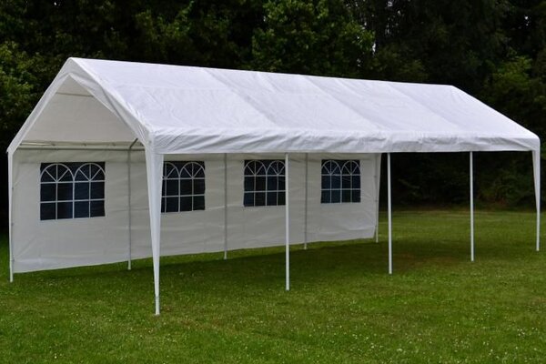 Velký zahradní stan 32m² – ocelové trubky, PE plachta, 4x8m
