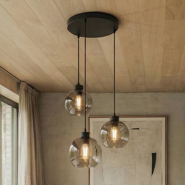 TK Lighting Závěsné svítidlo Cubus, Ø 50 cm, 3 světla, kouřově šedá, sklo, stmívatelný, Černá, Obývací pokoj / jídelna, Sklo, Moderní