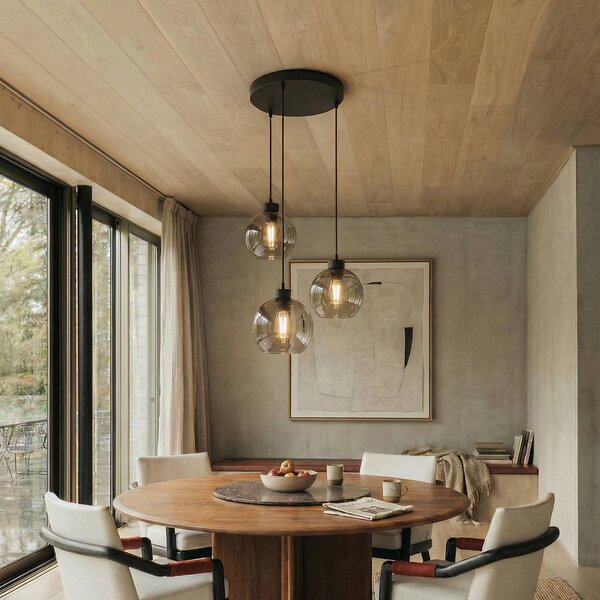 TK Lighting Závěsné svítidlo Cubus, Ø 50 cm, 3 světla, kouřově šedá, sklo, stmívatelný, Černá, Obývací pokoj / jídelna, Sklo, Moderní